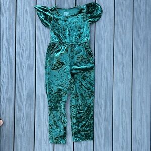 Cat & Jack Teal Crushed Velvet Puff-Sleeve Jumpsuit